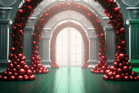 Arch made of christmas tree balls with decor. Red christmas decorations. AI generated illustrationの素材