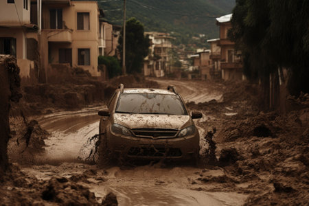 A car driving through a street covered in dirt. A natural disaster of flooding, muddy streams of water with mud in the streets of the city. Generative AI illustrationの素材