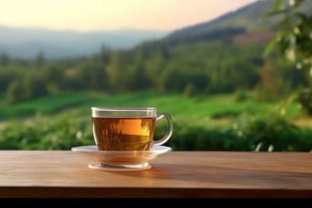 Tea cup with on the wooden table and the tea plantation on blurred background. Generative AI illustrationの素材