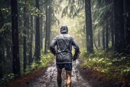 Man runner in sports jacket run forest trail in the rain, back view. Generative AI illustrationの素材