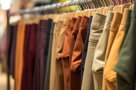 Trousers on hangers in a clothing store. Pants store, new clothes during shopping. Generative AI illustrationの素材