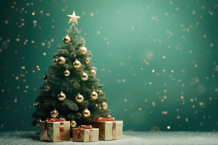 Decorated Christmas tree with garlands, balls, presents. AI generated illustrationの素材