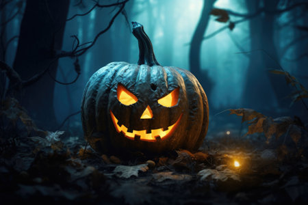 Halloween pumpkin in a mystic forest at night. AI generated illustrationの素材