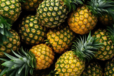 Pineapples background. Fresh fruits pattern. Generative AI illustrationの素材