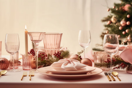 Christmas table setting in pastel colors. Minimalist style. Generative AI illustrationの素材