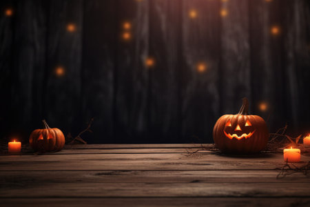 Spooky halloween background with empty wooden planks and pumpkins, dark horror background. AI generated illustrationの素材