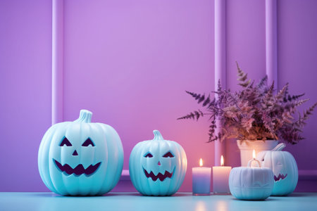 Interior of the house decorated for Halloween in pastel colors. Pumpkins and candles. AI generated illustrationの素材