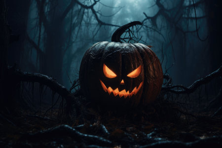 Halloween pumpkin in a mystic forest at night. AI generated illustrationの素材