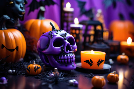 Dark interior of the house decorated for Halloween in black, orange, violet colors. Pumpkins, candles, bat, skulls. AI generated illustrationの素材