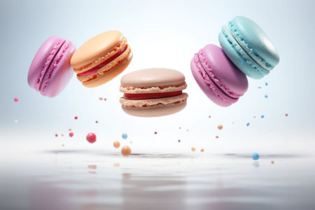 Macaroons in motion falling on pastel background. Sweet colorful french macaroons levitation in the air. Generative AI illustrationの素材