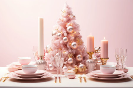 Christmas table setting in pastel colors. Minimalist style. Generative AI illustrationの素材