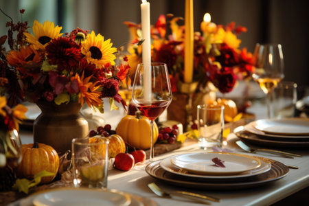 Fall table setting for celebration Thanksgiving or Friendsgiving day, family party or gathering. AI generated illustrationの素材