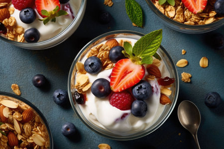 Muesli bowl. Organic ingredients for healthy breakfast. Yogurt with granola and berries. Top view. Generative AI illustrationの素材