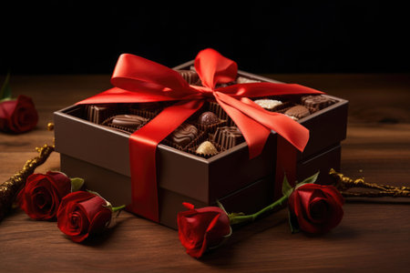 Roses flowers with a box of chocolate candy. Generative AI illustrationの素材