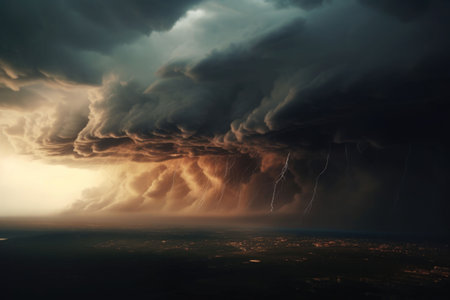 Huge cloudy windy storm. Stormy sky with dramatic clouds from an approaching thunderstorm. Generative AI illustrationの素材