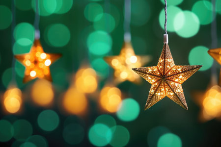 Christmas star lights on blurred green background. Led string light decoration. AI generated illustrationの素材