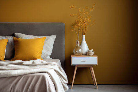 Minimalistic design scandinavian interior with mustard wall. A bedroom with a little bedside table, golden lamp, accessories, plant. Generative AI illustrationの素材