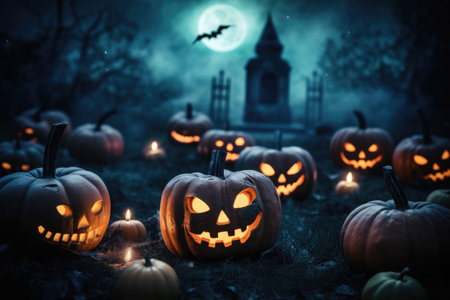 Pumpkins in graveyard in the spooky night. Halloween Jack O Lantern with an evil face. AI generated illustrationの素材