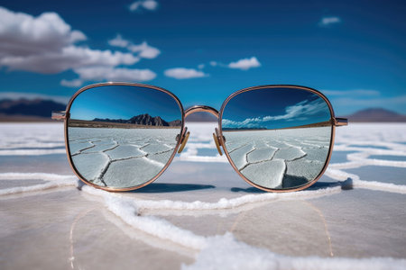 Reflection in the sunglasses shows sea beach. Summer concept. Generative AI illustrationの素材