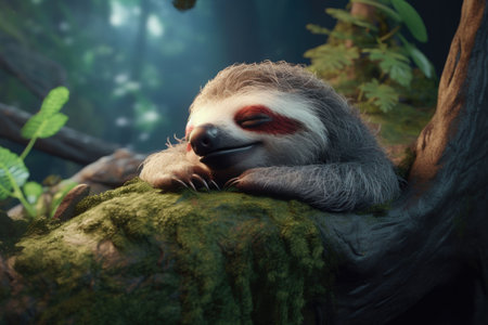 A sloth sleeping in the jungle. Lazy animal character. Generative AI illustrationの素材