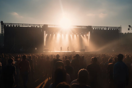 Crowd at a open air concert. People celebrating on an summer open air. Generative AI illustrationの素材