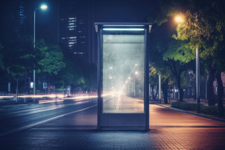 Blank vertical billboard poster on city street bus stop sign at night. Blurred urban background with skyscraper. Generative AI illustrationの素材