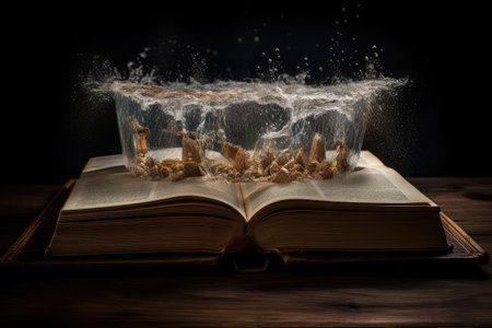 Old magic book in ancient room. Wooden table with various plants and potions. Fantasy, nature or learning concept. Generative AI illustrationの素材