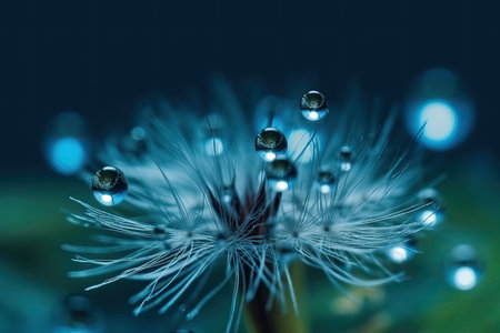 Dandelion seeds in droplets of water on the turquoise background Water drops on a parachutes dandelion. Generative AI illustrationの素材