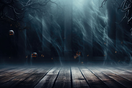 Spooky halloween background with empty wooden planks and pumpkins, dark horror background. AI generated illustrationの素材