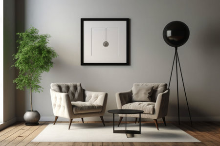 Stylish living room interior with sofa, coffee table, plants, pictures on wall and elegant accessories in modern style. Generative AI illustrationの素材