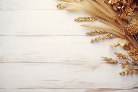 Autumn golden leaves on a whitewashed wood table. Autumn fall seasonal trendy composition. Halloween or Thanksgiving celebration concept. AI generated illustrationの素材