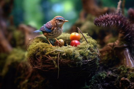 A little cute bird on a bird nest with colorful sparkly eggs is hidden on a branch. Generative AI illustrationの素材