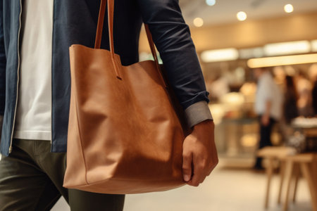 Closeup of unrecognizable young man carrying bags with purchases in hand while shopping in clothing store. AI generated illustrationの素材