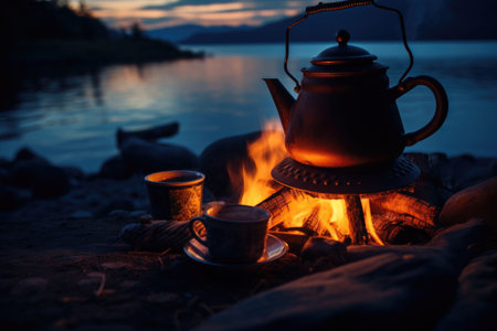 Vintage coffee pot on camping fire. Evening atmospheric background of campfire. Generative AI illustrationの素材