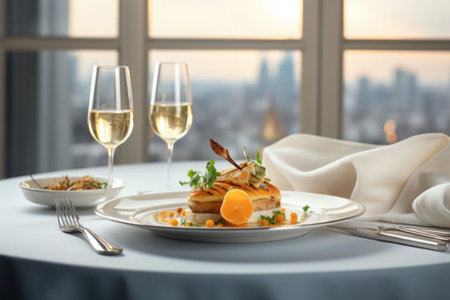 Refined and elegant restaurant cuisine in pastel colors on light background. Generative AI illustrationの素材