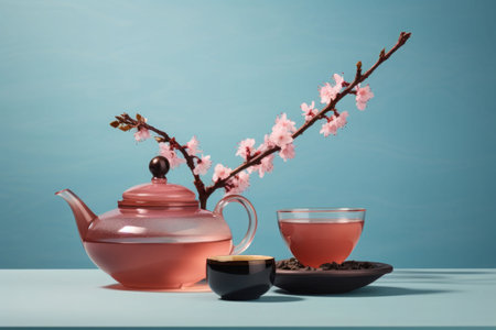 Cup of tea and teapot with sakura branch on pastel background. Tea composition, asian tea culture concept. Generative AI illustrationの素材