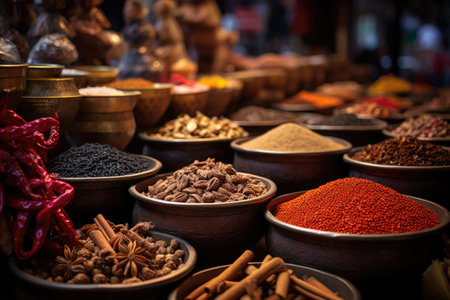Colorful herbal and spices oriental marketplace. Sacks of food and spices. Generative AI illustrationの素材