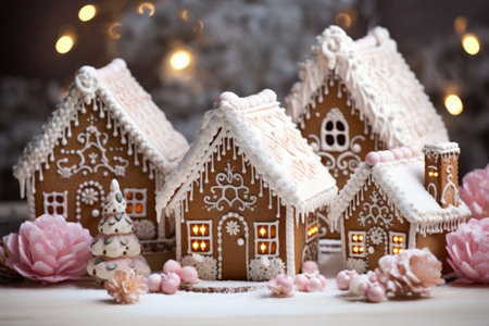Gingerbread houses in snow with christmas decoration. AI generated illustrationの素材