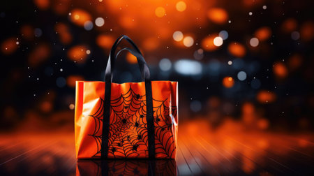 Bag and decor for Halloween on an orange background. Holiday shopping and sale concept. AI generated illustrationの素材