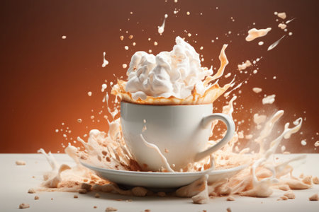 Splashing of latte coffee in glass cup. Generative AI illustrationの素材