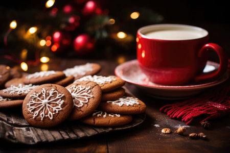 Holiday cookies and hot cocoa for a cozy and sweet celebration. Homemade gingerbread cookies, christmas lights. AI generated illustrationの素材