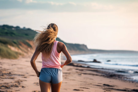 A girl jogging along the seaside, back view. Embodying relaxation, a healthy lifestyle and an effortless way of life. Generative AI illustrationの素材