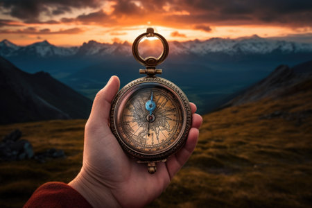 Beautiful landscape with old compass on traveler's hand. The concept of navigating the search for your own path. AI generated illustrationの素材