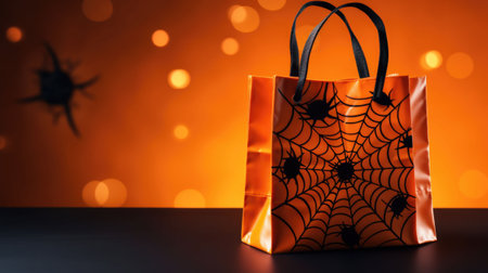 Bag and decor for Halloween on an orange background. Holiday shopping and sale concept. AI generated illustrationの素材