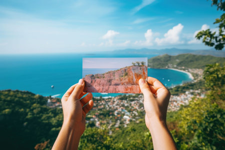 Unrecognizable tourist holds postcard in front of natural landscape. AI generated illustrationの素材