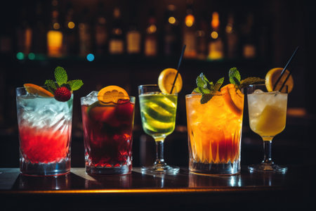 Cocktails assortment served on dark background. Classic drink menu concept. Front view. AI generated illustrationの素材