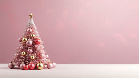 Small pink christmas tree with lights and glass balls. AI generated illustrationの素材