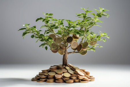 Tree growing on coins. Business finance investment concept. AI generated illustrationの素材