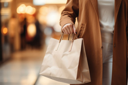 Shopping bags in the woman hands. Young woman after shopping. The joy of consumption. AI generated illustrationの素材