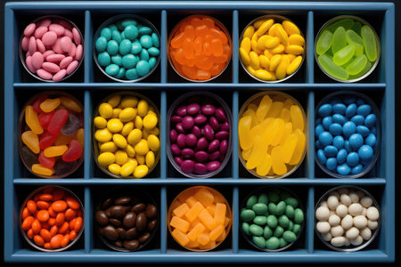 Mix of candies and sweets in box. Marshmallows, candies, dragee, fruit jelly. Top view flat lay. Generative AI illustrationの素材